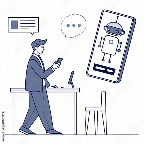 Flat vector illustration of a businessman interacting with chatbot AI on mobile and desktop. Perfect for websites, apps, AI services, business blogs, and technology presentations