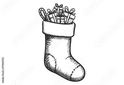 Christmas stocking filled with candy canes and gifts in black and white sketch - stock vector