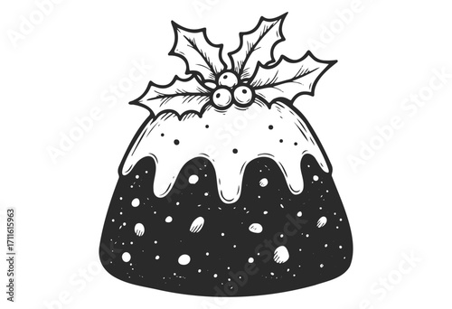 Vintage christmas pudding sketch with holly berries - stock vector