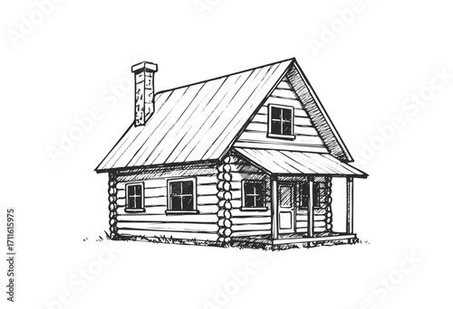 Rustic cabin sketch with chimney and porch - stock vector