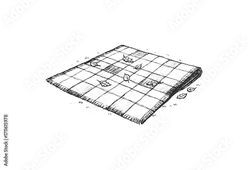 Black and white picnic blanket with fallen leaves on a lawn - stock vector
