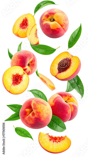 Peach slices and whole peaches with leaves (1)
