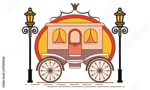 Red Yellow Cinderella Princess Crown Fairytale Carriage with Magical Street Lamp Wheels Outline Border Vector Art