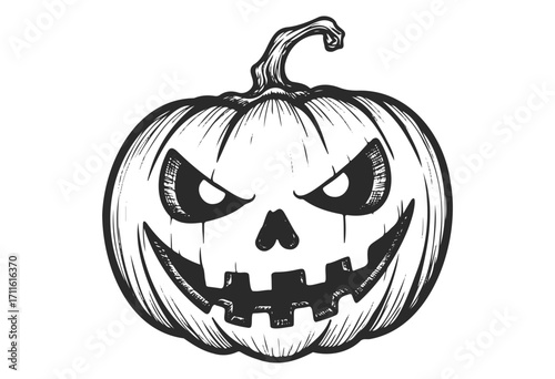 Monochrome grinning jack-o'-lantern with spooky expression - stock vector