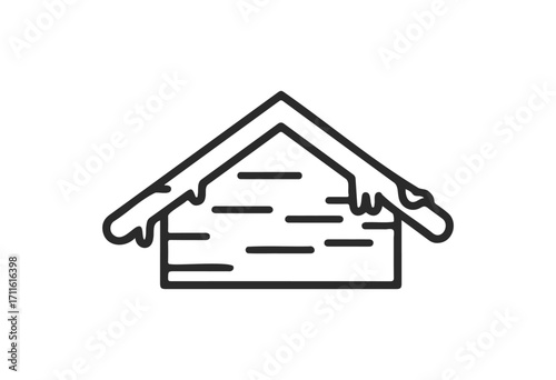 Simple line drawing of snowy rooftop with icicles on wooden house - stock vector
