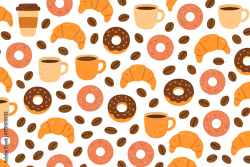 Coffee and pastry flat icon set. featuring coffee cup, donut, croissant, coffee bean, and muffin symbols