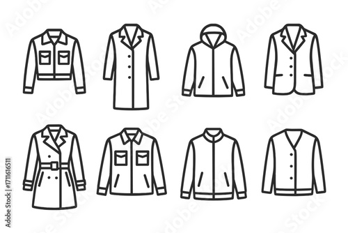 Outerwear silhouette icon set. featuring jacket, coat, hoodie, blazer, trench coat, and cardigan designs