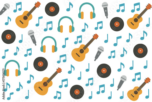 Music equipment flat icon set. featuring guitar, microphone, headphones, vinyl, music notes symbols