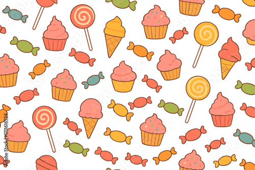 Sweet treats flat icon set. featuring candy, lollipop, cupcake, and ice cream symbols