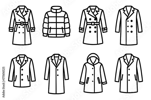 Clothing linear icon set. featuring trench coats, puffer jacket, overcoats, hooded coat