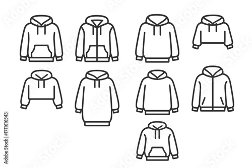 Clothing silhouette icon set. featuring hoodie, sweatshirt, jacket, and pullover designs
