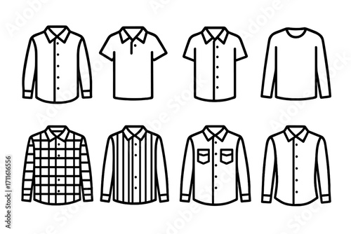 Clothing linear icon set. featuring dress shirt, t-shirt, polo, plaid, striped, button-up, pocketed, and long-sleeve symbols