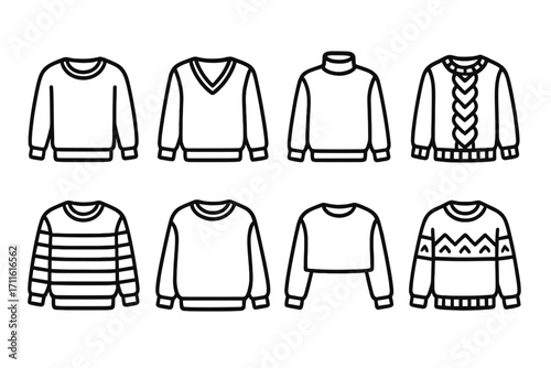 Clothing silhouette icon set. featuring sweater, pullover, jumper, turtleneck, and v-neck designs.