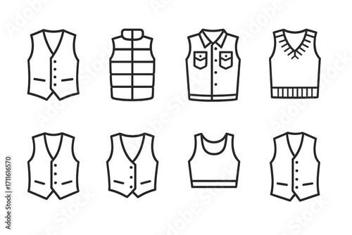 Fashion apparel linear icon set. featuring vests, jackets, sweaters, and tank tops