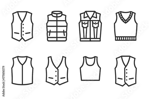 Clothing silhouette icons set. featuring cardigan, down vest, denim vest, sweater vest, waistcoat designs