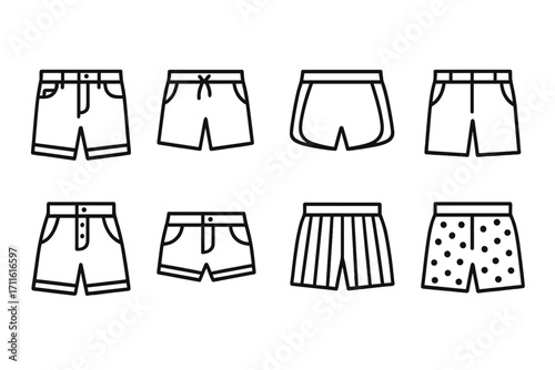 Clothing silhouette icon set. featuring shorts in various styles, including cargo, sports, and patterned designs