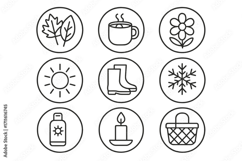 Fototapeta premium Seasons and essentials linear icon set. featuring leaves, mug, flower, sun, boots, snowflake, sunscreen, candle, and basket