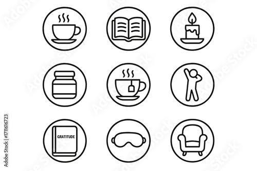 Relaxation and comfort silhouette icon set. featuring tea, book, candle, jar, yoga, gratitude, mask, chair symbols