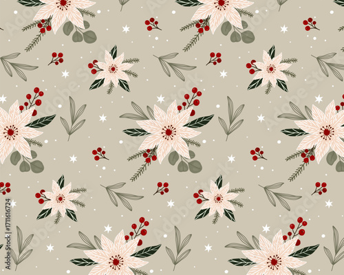 Seamless Christmas pattern with poinsettia flowers, berries, and leaves on a neutral background. This charming vector illustration, with its hand-drawn style and festive color palette