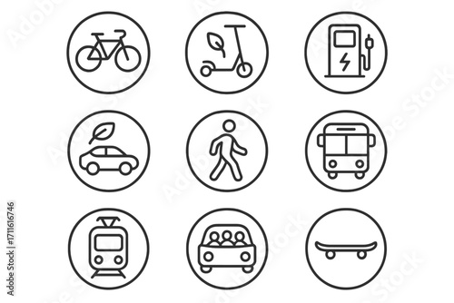 Transportation linear icon set. featuring bicycle, scooter, charging station, car, pedestrian, bus, tram, carpool, skateboard symbols