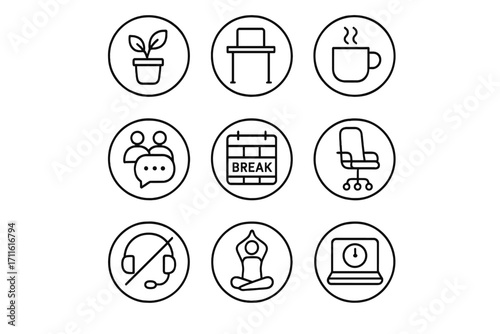 Office relaxation linear icon set. featuring plant, desk, coffee, chat, break, chair, headset, yoga, laptop