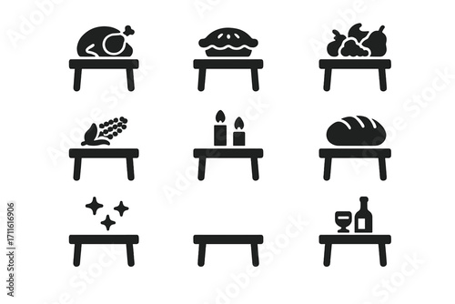 Thanksgiving dinner silhouette icon set. featuring turkey, pie, fruit, corn, candles, bread, wine, clean table