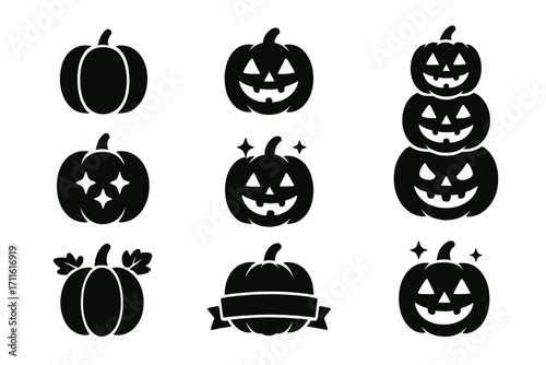 Halloween pumpkins silhouette icon set. featuring stacked, stars, ribbon, leaf, and carved face designs