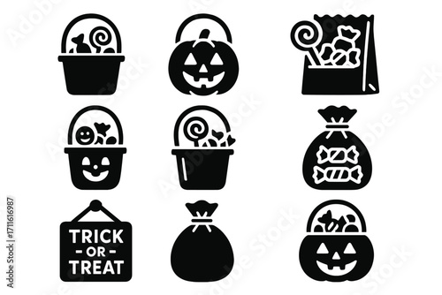 Halloween silhouette icon set. featuring pumpkin, candy, trick or treat, bucket, and bag symbols