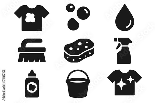 Cleaning tools silhouette icon set. featuring soap, water drop, sponge, spray bottle, scrub brush, bucket