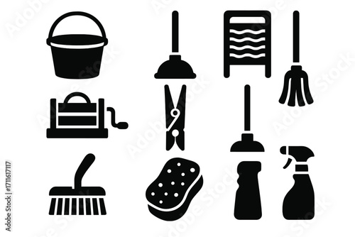 Cleaning tools silhouette icon set. featuring bucket, plunger, mop, squeegee, clothespin, scrub, sponge, bottles