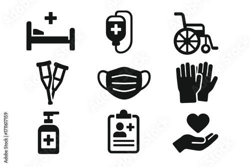 Healthcare silhouette icon set. featuring bed, iv, wheelchair, crutches, mask, gloves, sanitizer, clipboard, heart symbols