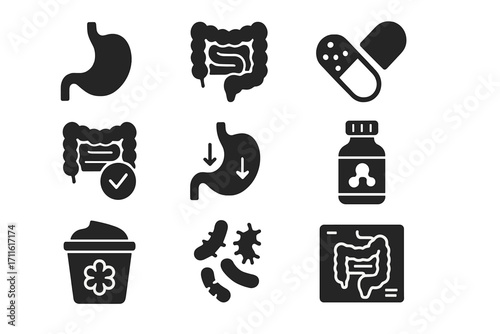 Digestive health silhouette icon set. featuring stomach, intestine, probiotics, supplements, bacteria, and diet symbols