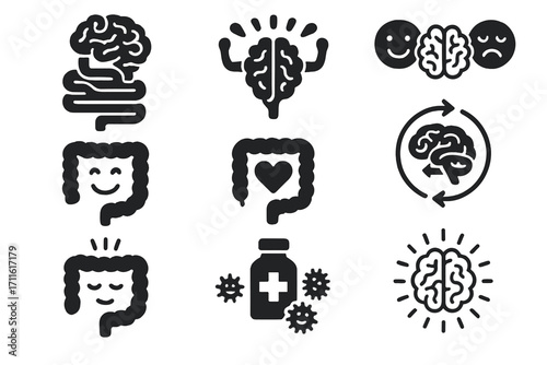 Mental health and digestion linear icon set. featuring brain, gut, emotion, health, probiotics, and mindfulness symbols