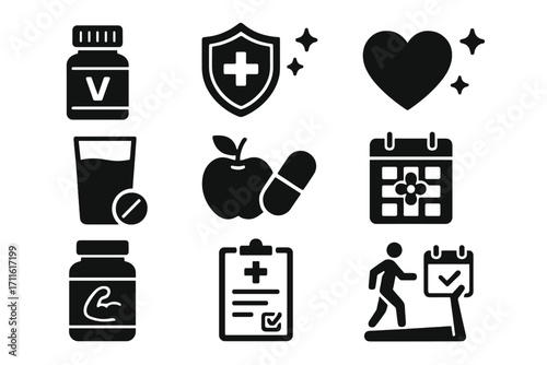 Health and fitness silhouette icon set. featuring vitamins, shield, heart, glass, apple, calendar, supplement, exercise