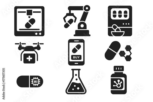 Medicine and technology silhouette icons set. featuring 3d printing, robotics, drone, smartphone, ai, chemistry
