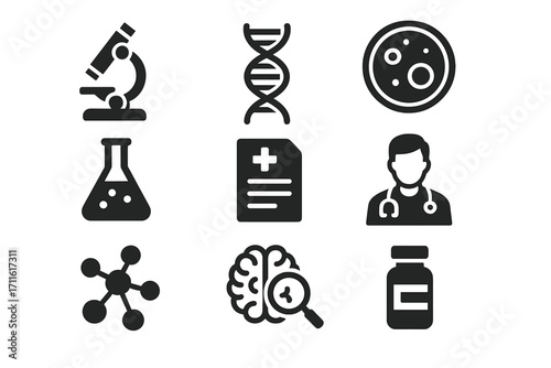 Healthcare silhouette icon set. featuring microscope, dna, petri dish, flask, medical file, doctor, molecule, brain, and medicine symbols