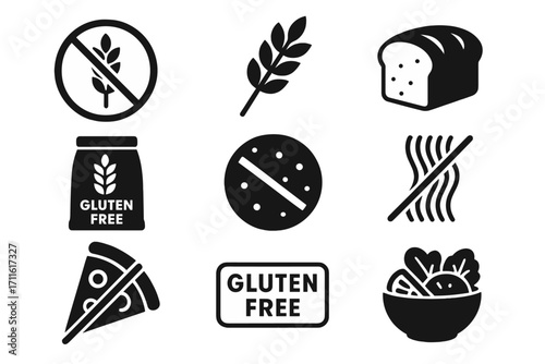 Food silhouette icon set. featuring gluten-free, wheat, bread, cookie, pizza, salad symbols