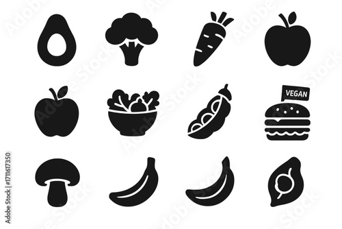 Vegan food silhouette icon set. featuring avocado, broccoli, carrot, apple, salad, peas, burger, and mushroom symbols