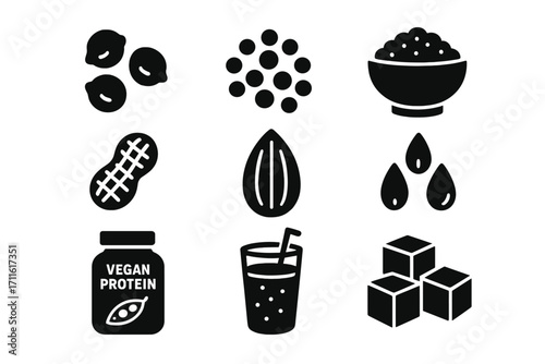 Plant-based protein silhouette icons set. featuring nuts, seeds, legumes, tofu, powder, and more