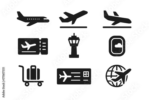 Travel and aviation silhouette icon set. featuring airplane, ticket, control tower, luggage, and globe symbols