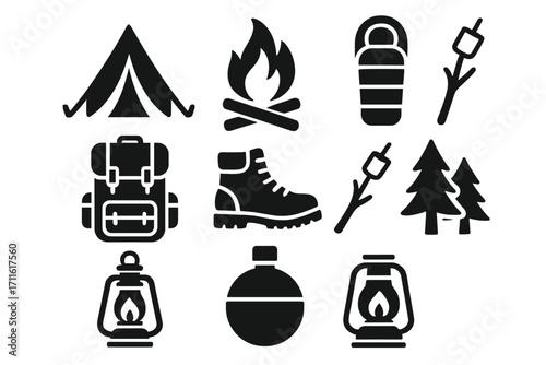 Camping silhouette icon set. featuring tent, campfire, sleeping bag, backpack, hiking boot, marshmallow, trees, lantern, canteen