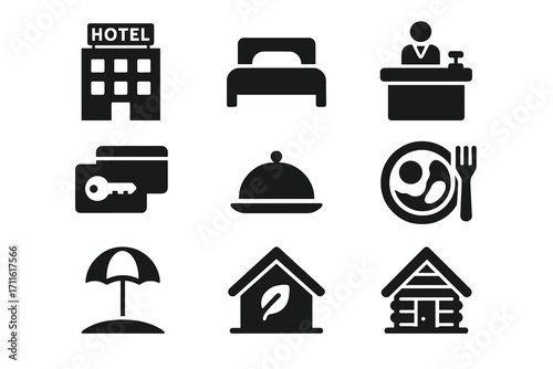 Hospitality silhouette icon set. featuring hotel, bed, reception, key card, dining, room service, beach umbrella, eco lodge, cabin symbols