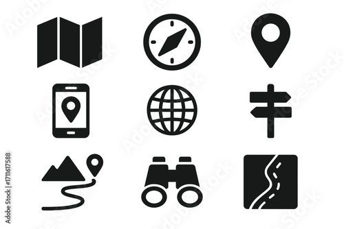 Navigation and travel silhouette icon set. featuring map, compass, location, globe, direction, path, binoculars, and route symbols