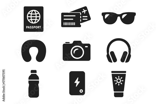 Travel essentials silhouette icon set. featuring passport, tickets, sunglasses, neck pillow, camera, headphones
