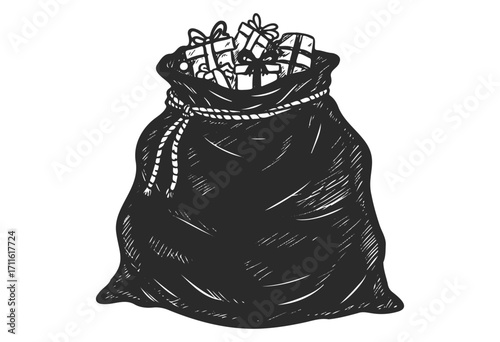 Santa's gift sack filled with presents and tied with rope in black and white illustration - stock vector