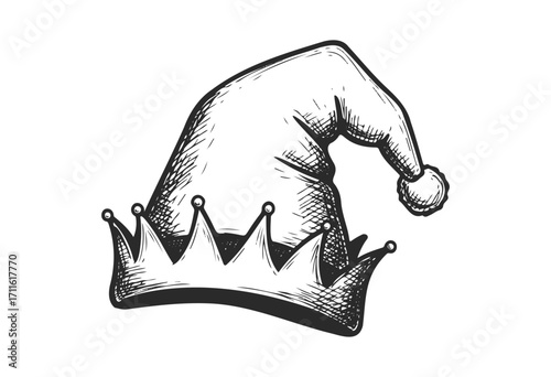 Whimsical jester's hat with crown elements sketch - stock vector