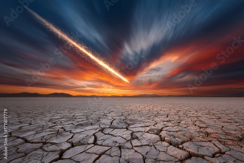 Dramatic meteor streak over cracked desert landscape at vibrant sunset