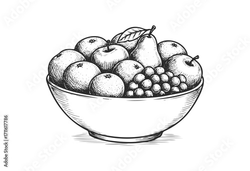 Hand-drawn bowl of oranges, pear, and grapes in classic black and white style - stock vector