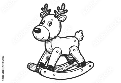 Illustration of reindeer rocking horse toy with antlers in black and white design - stock vector