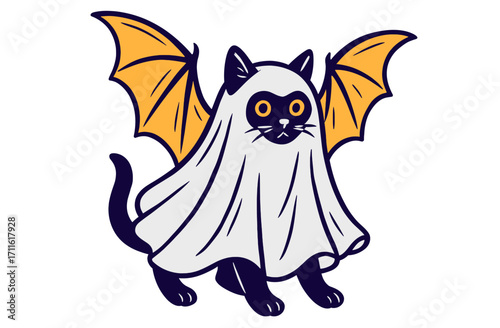 Cute Cat in Ghost Costume with Bat Wings for Halloween. Spooky Black Cat Vintage Character Illustration.